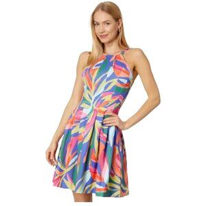 Vince Camuto Printed Scuba Halter Dress Women Size 8 Side Pockets Multicolor